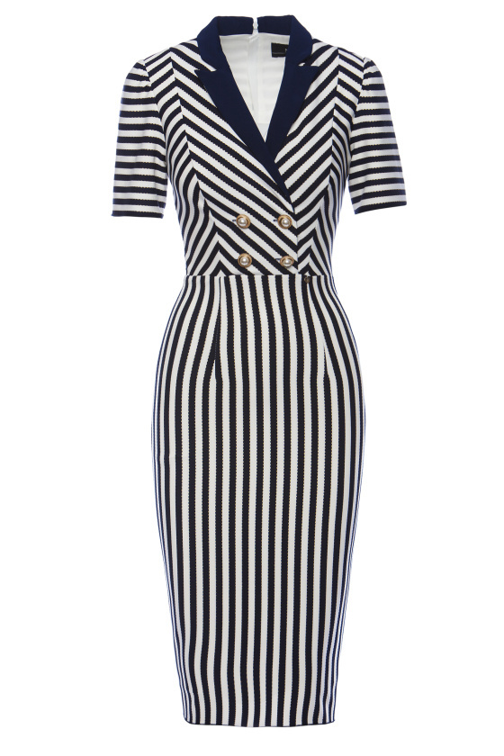 Navy and Ivory Striped Dress with Collar Detail