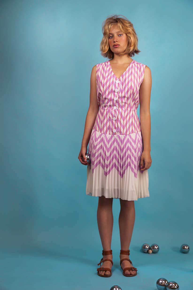Enclin Dress in Lilac with Red Skirt