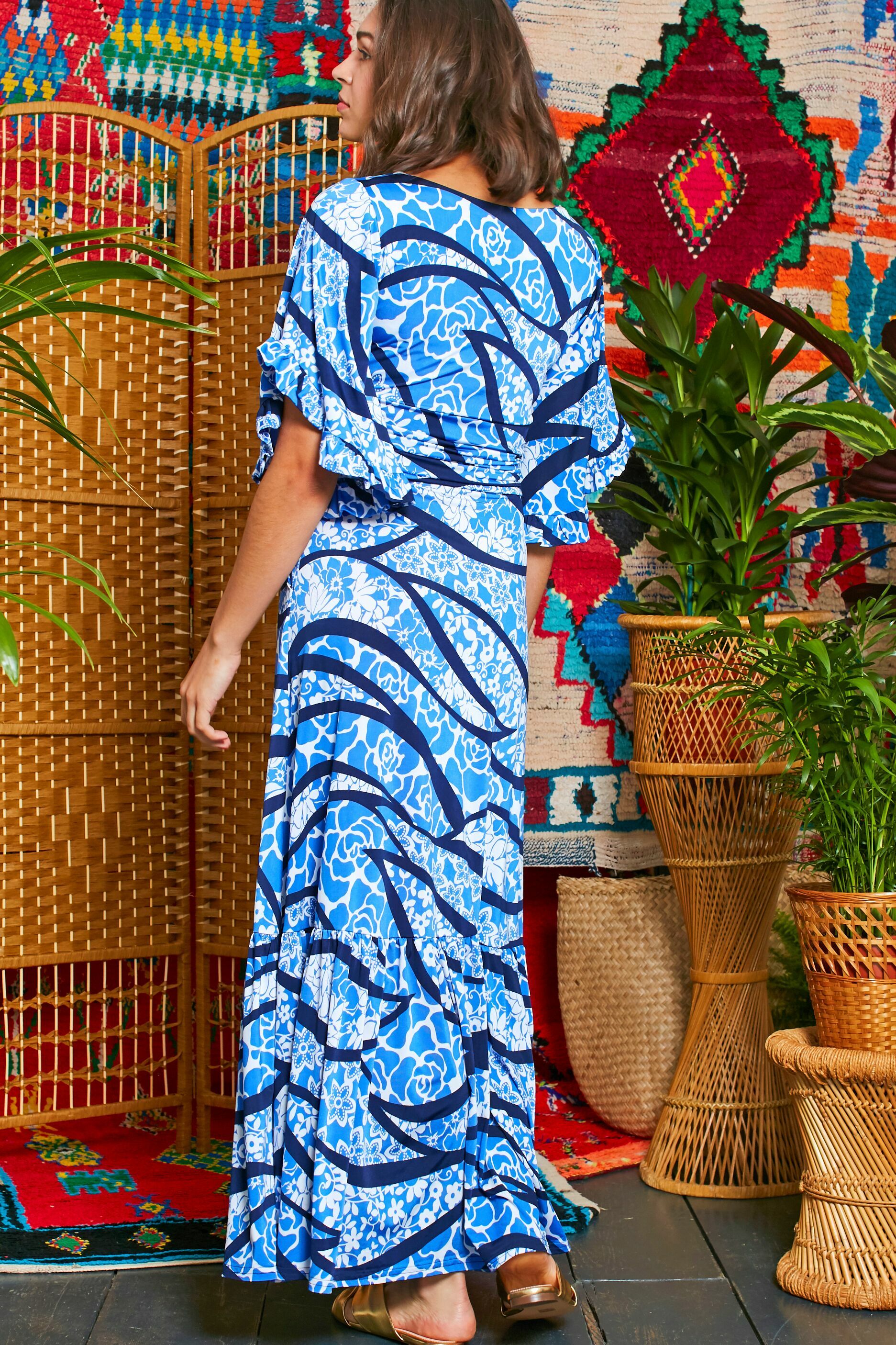 Gabriella Dress in Abstract Blue Flower Print
