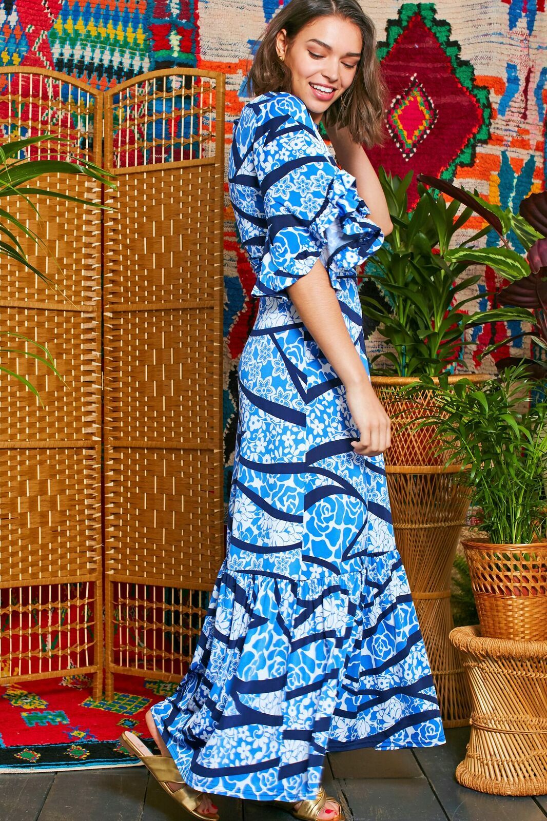 Gabriella Dress in Abstract Blue Flower Print