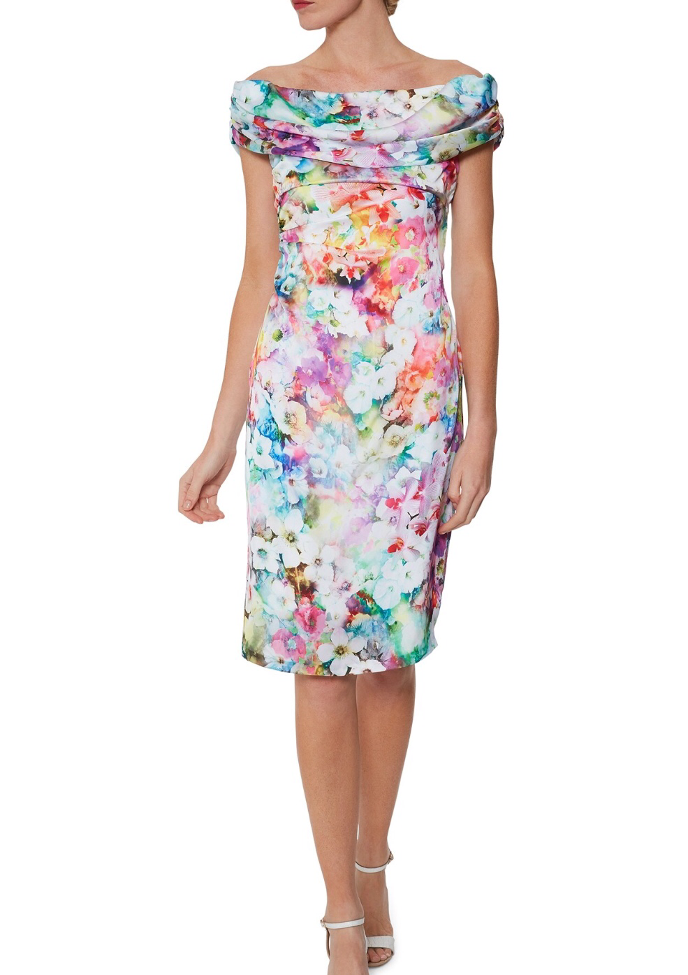 Floral Dress with Draped Roll Collar Front