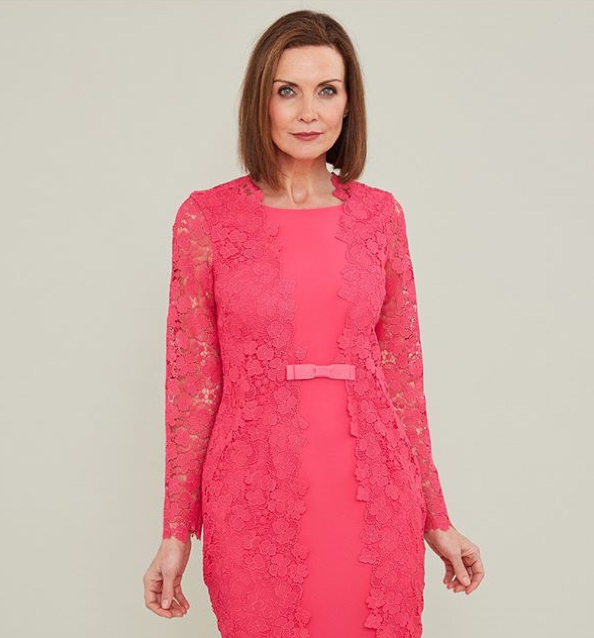 Dress with Lace Overlay Sleeves and bow detail at the front