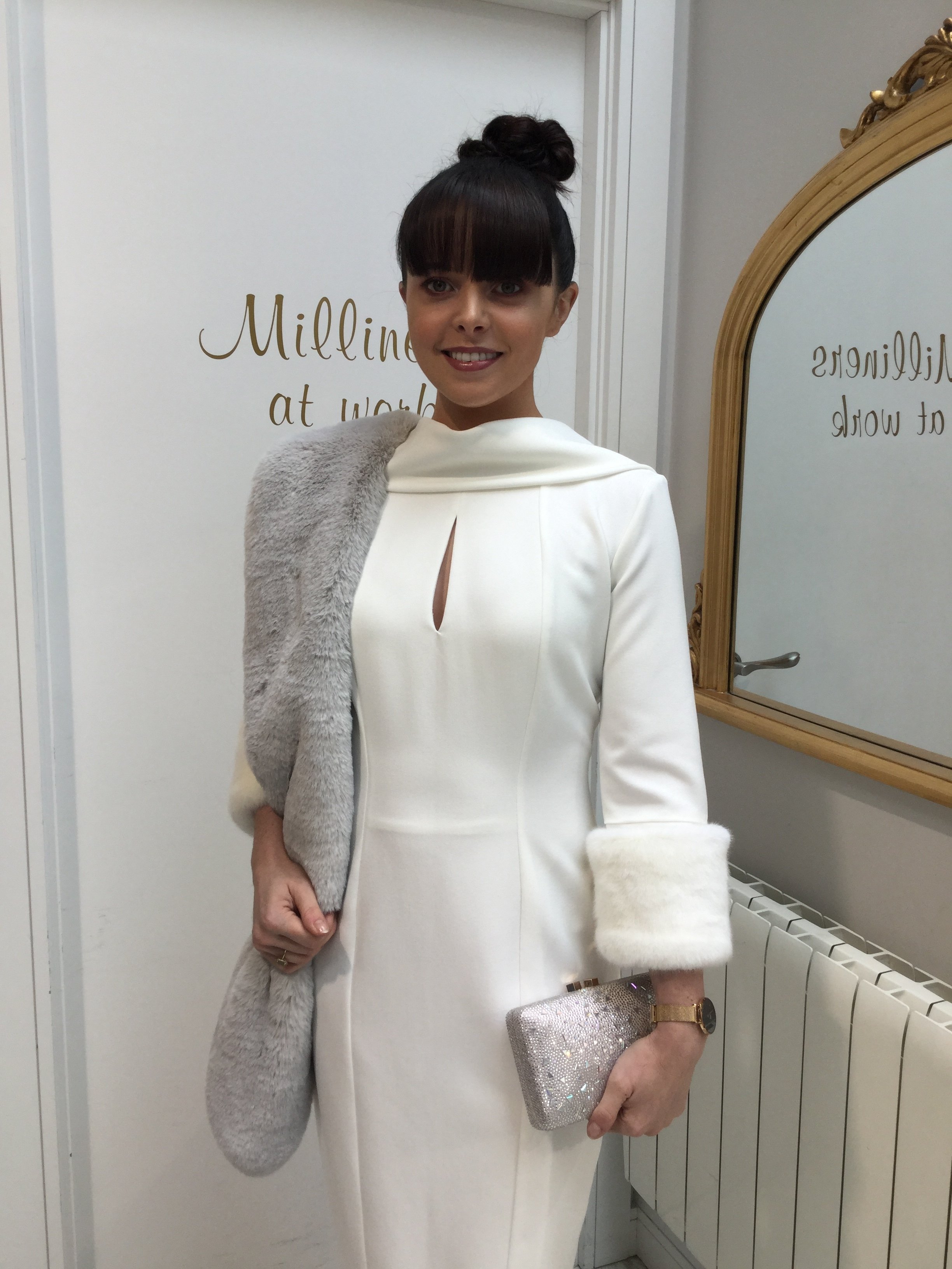Ivory Dress with Roll Collar and Detachable Fur Cuffs