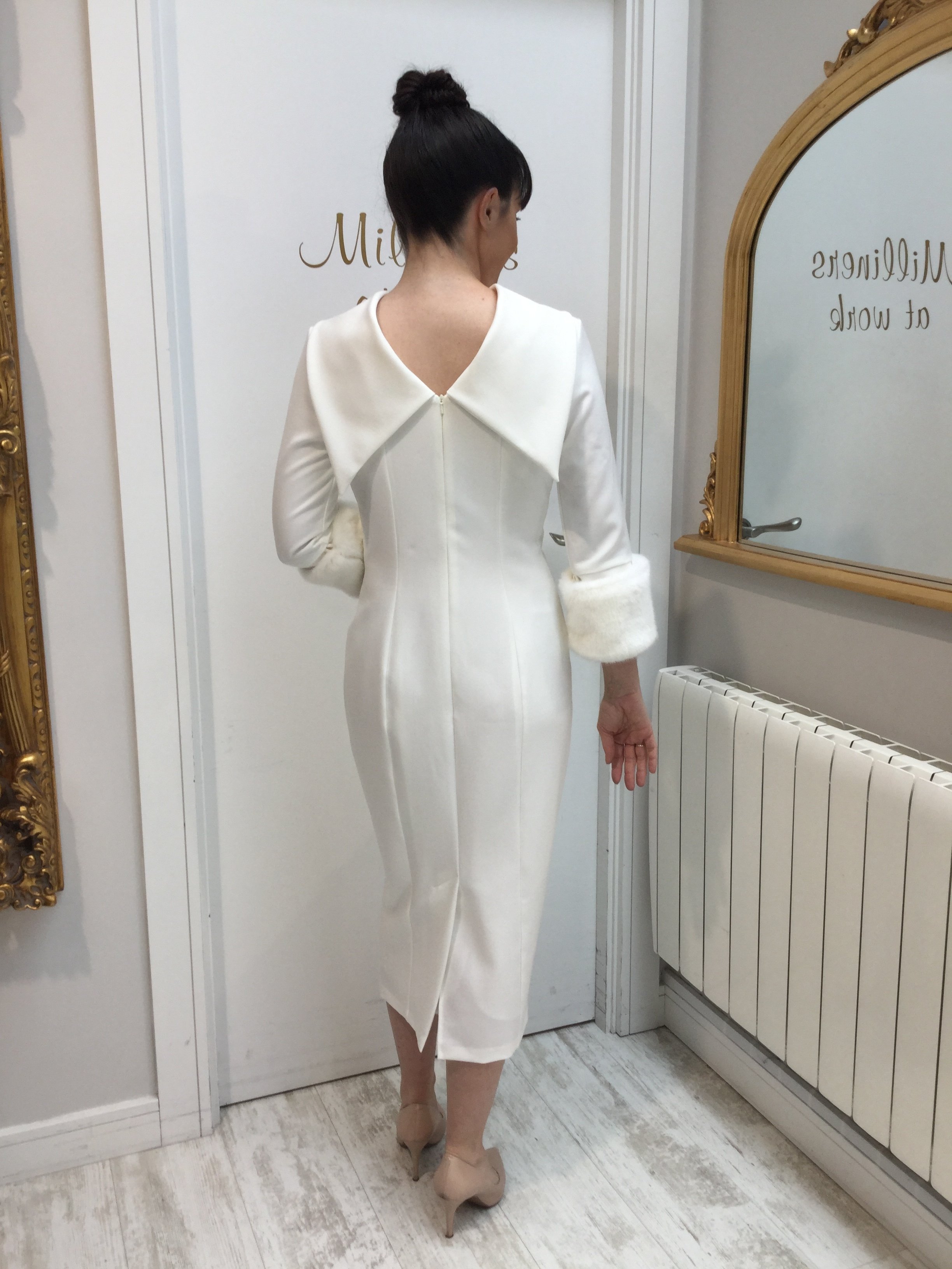 Ivory Dress with Roll Collar and Detachable Fur Cuffs