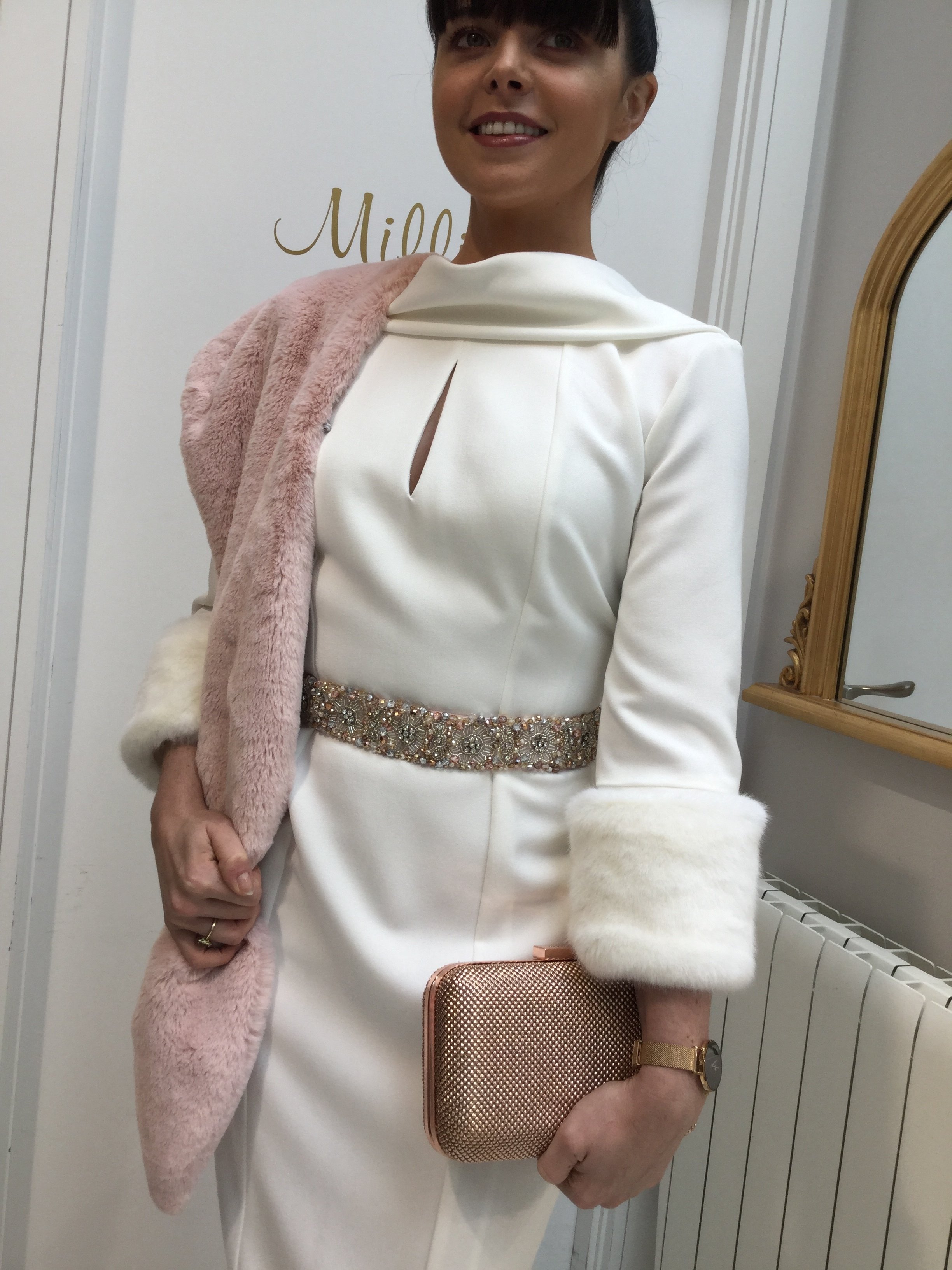 Ivory Dress with Roll Collar and Detachable Fur Cuffs