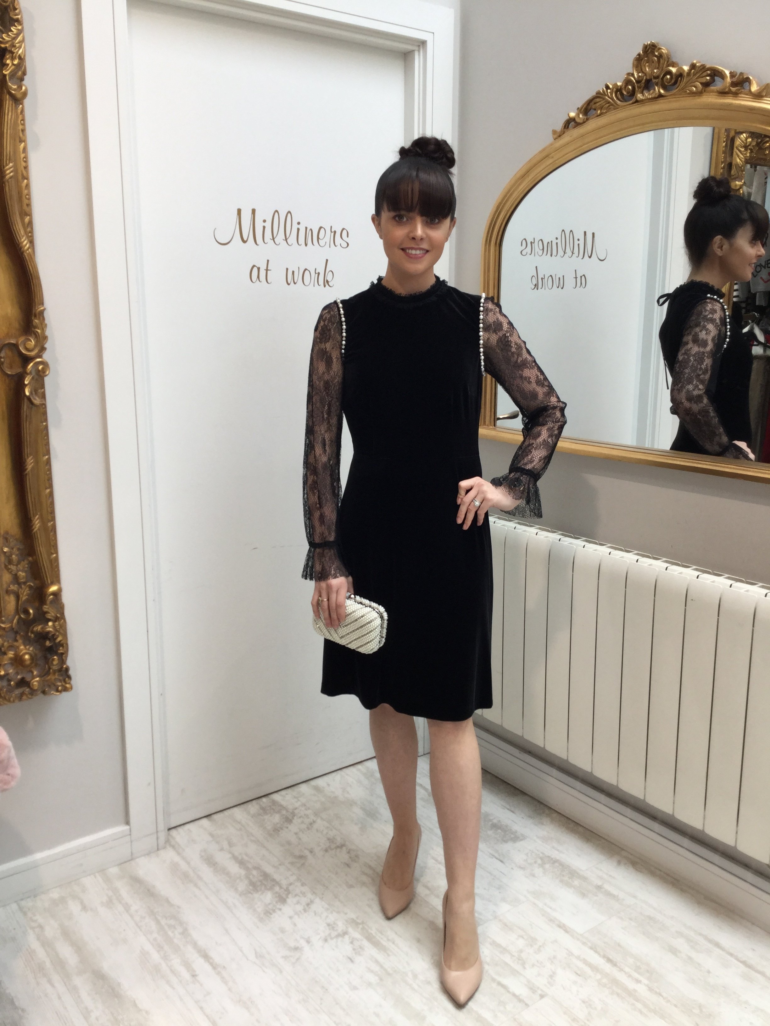 Black Velvet Dress with Lace Sleeve and Pearl Detail GBDRBKVEL