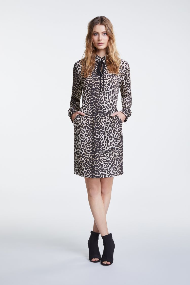 Leopard Print Dress with Ruffle Detail at the neck and cuff