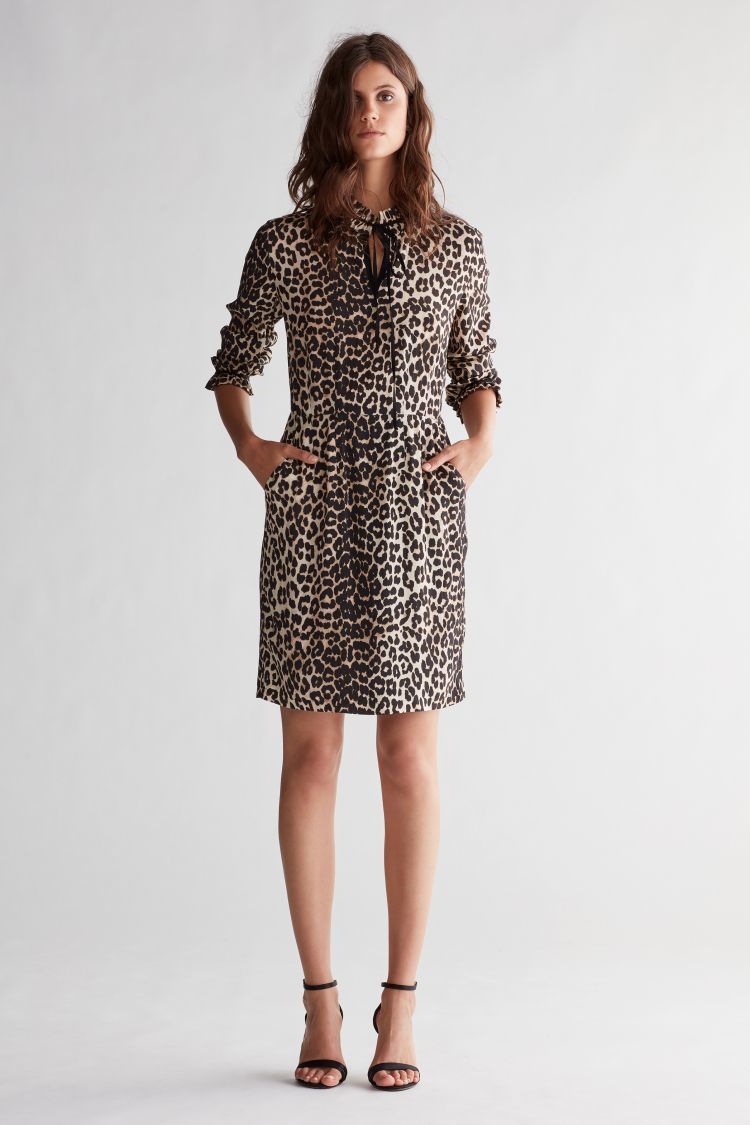 Leopard Print Dress with Ruffle Detail at the neck and cuff
