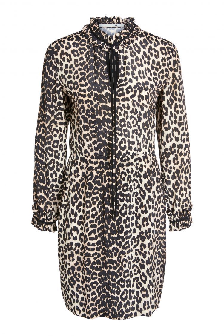 Leopard Print Dress with Ruffle Detail at the neck and cuff