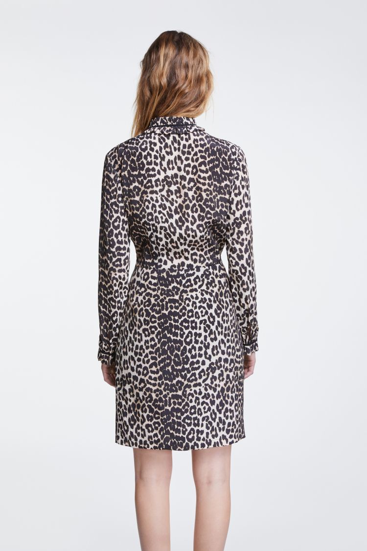 Leopard Print Dress with Ruffle Detail at the neck and cuff