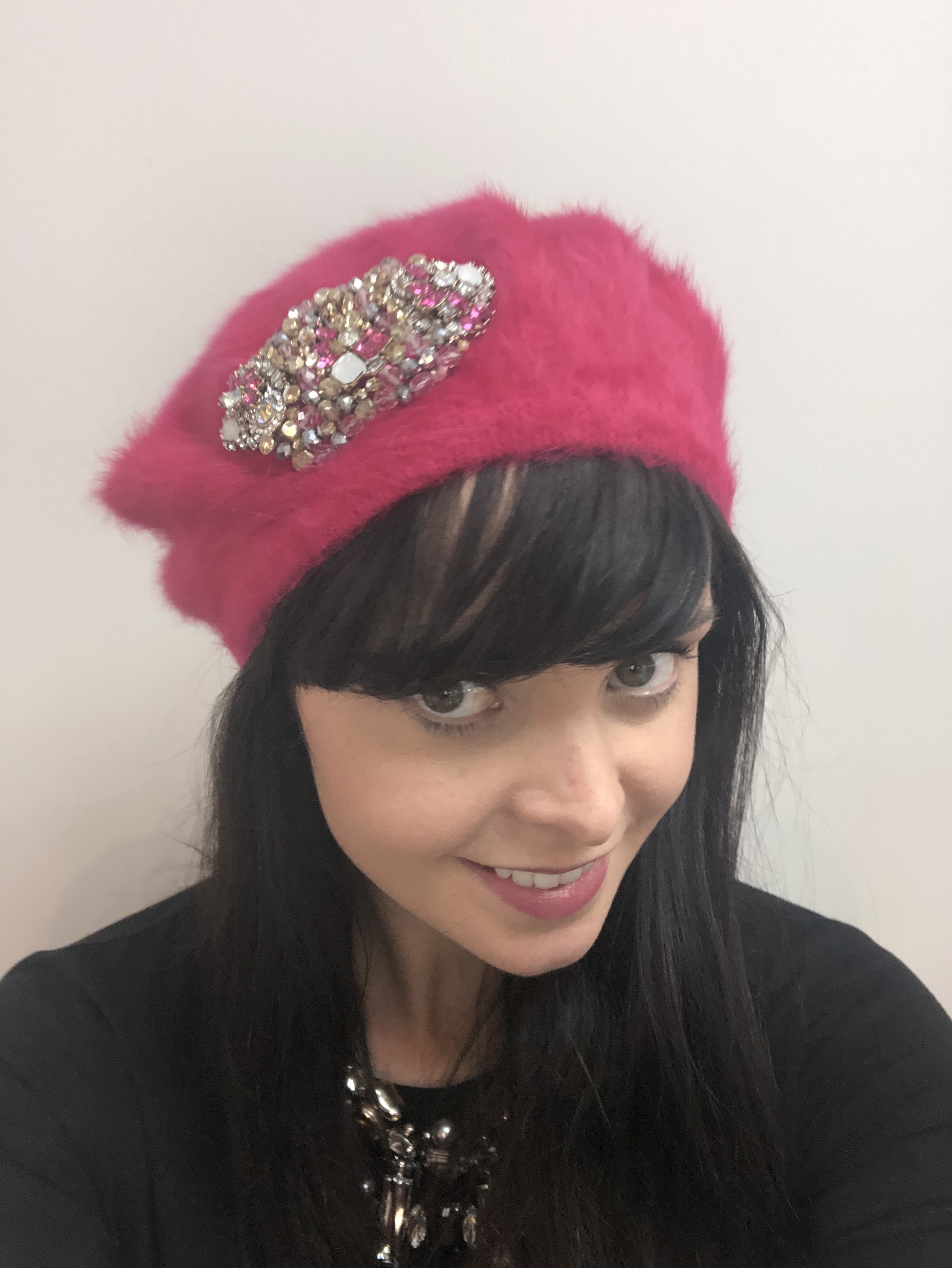 Aisling Maher Pink Angora Beret with Pink Silver and Gold Iris Embellishment