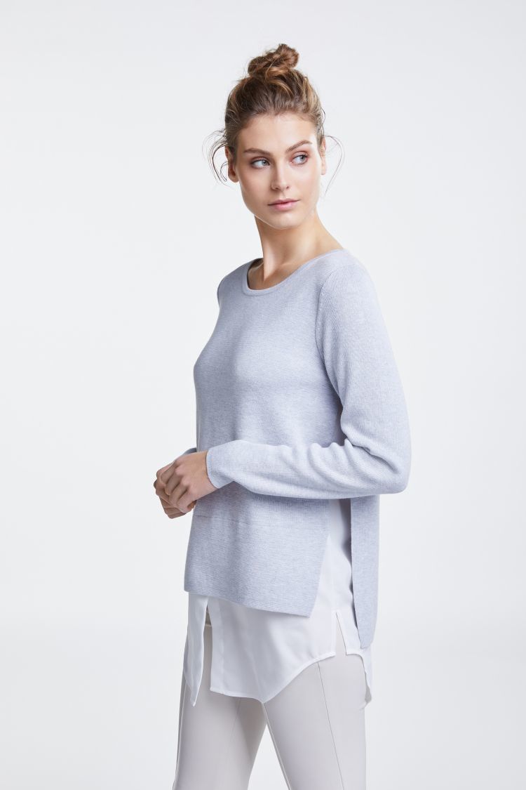 Grey Sweater with white blouse effect trim