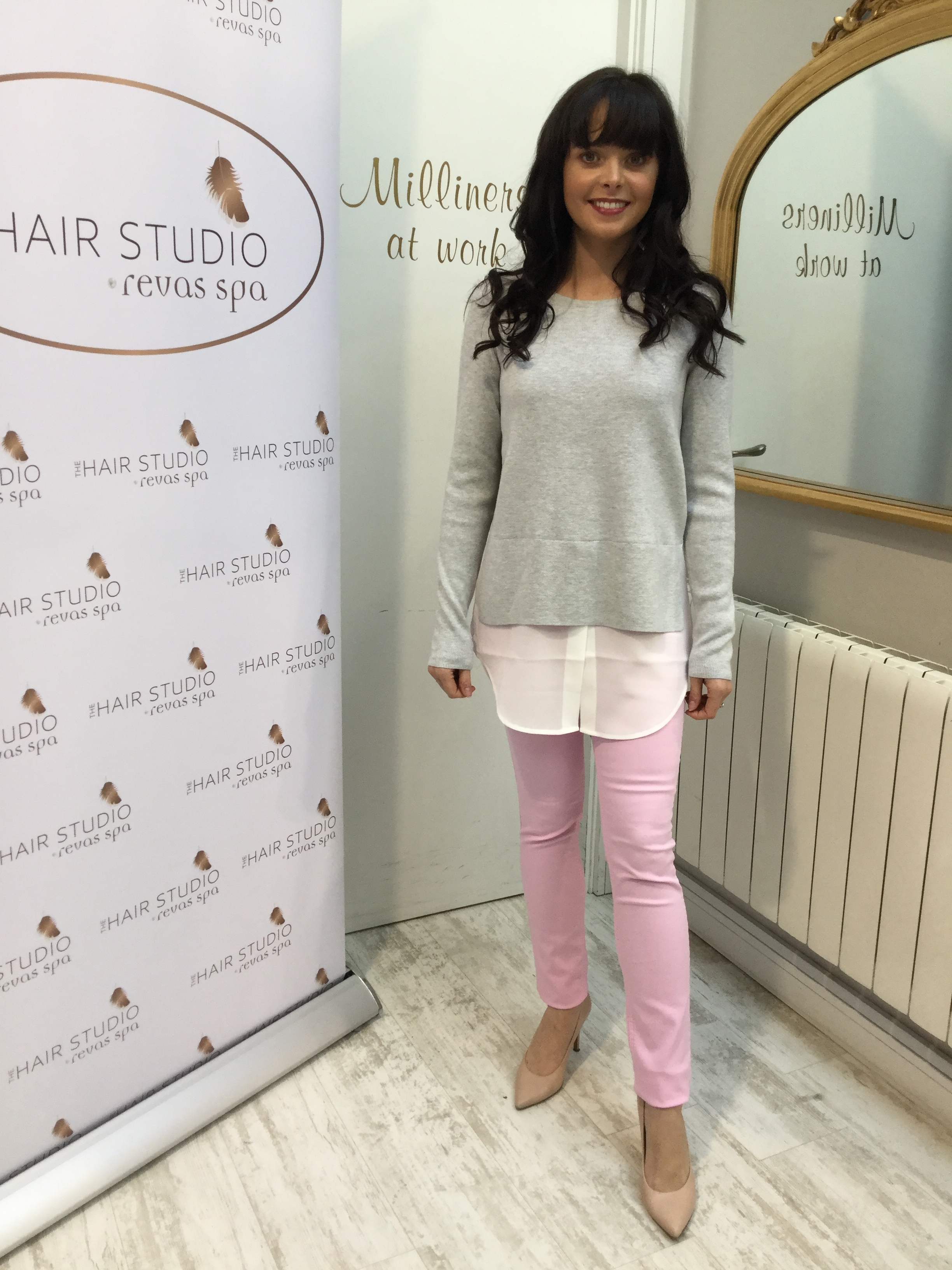 Grey Sweater with white blouse effect trim