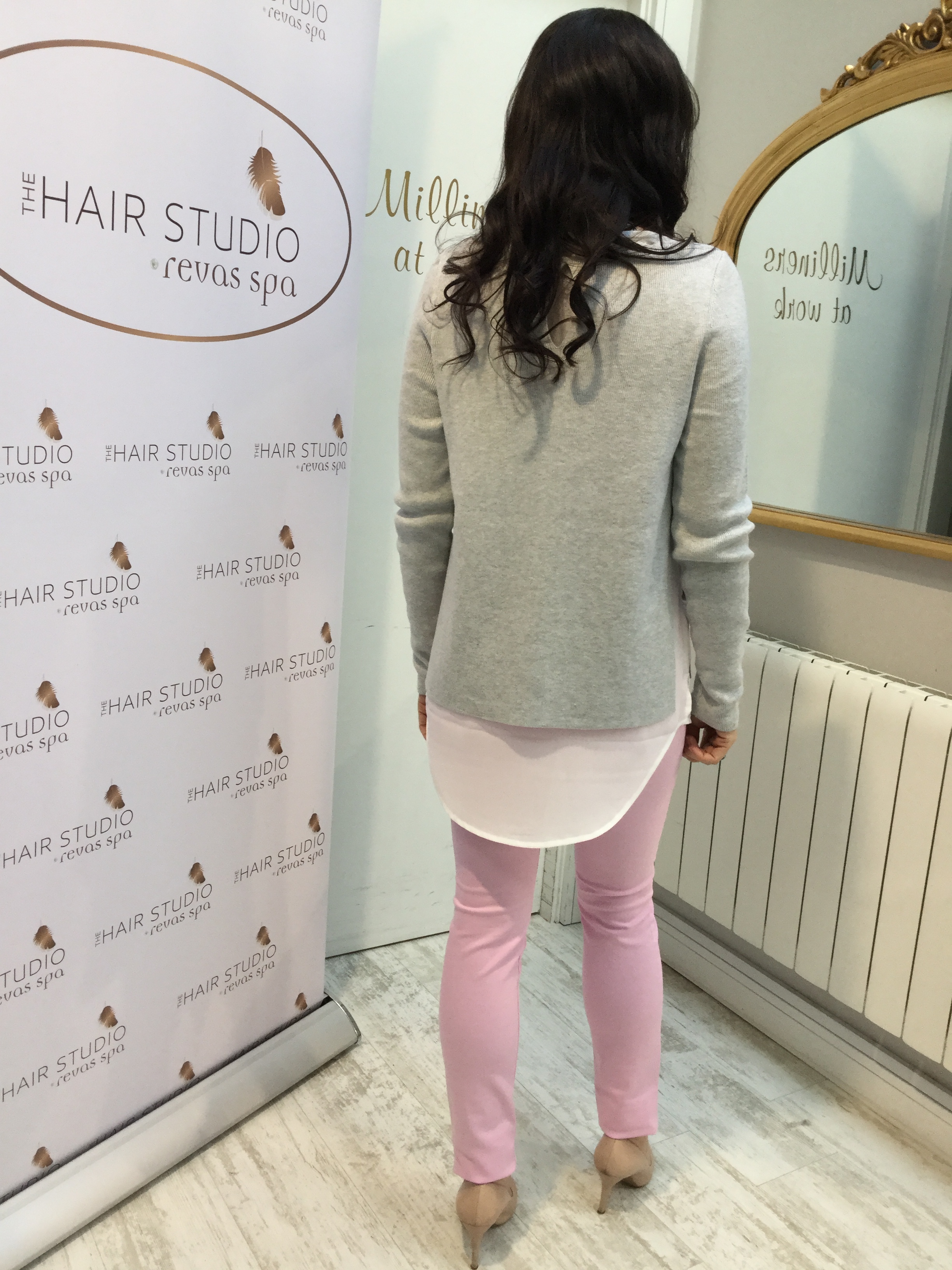 Grey Sweater with white blouse effect trim