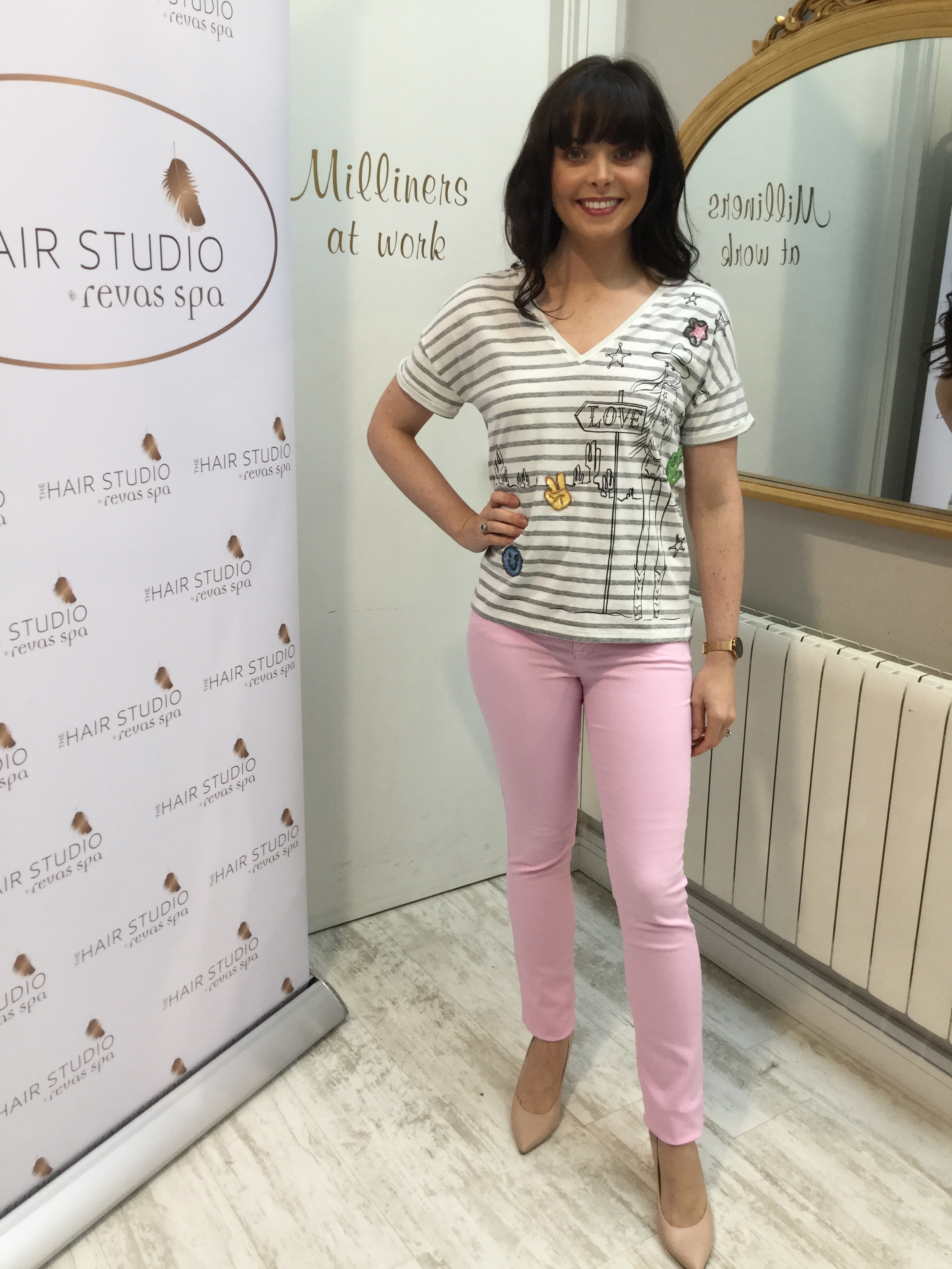 Cream and grey striped tshirt with Cowgirl Lola OUITSHCR