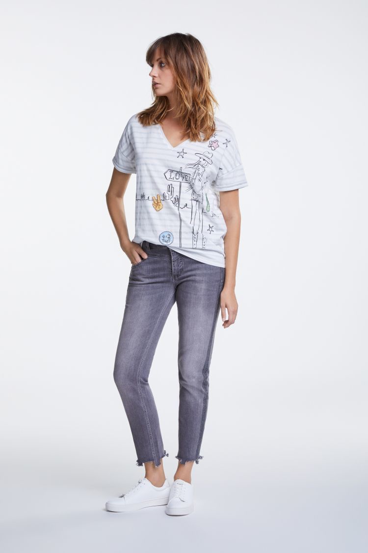 Cream and grey striped tshirt with Cowgirl Lola