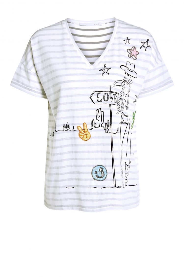 Cream and grey striped tshirt with Cowgirl Lola