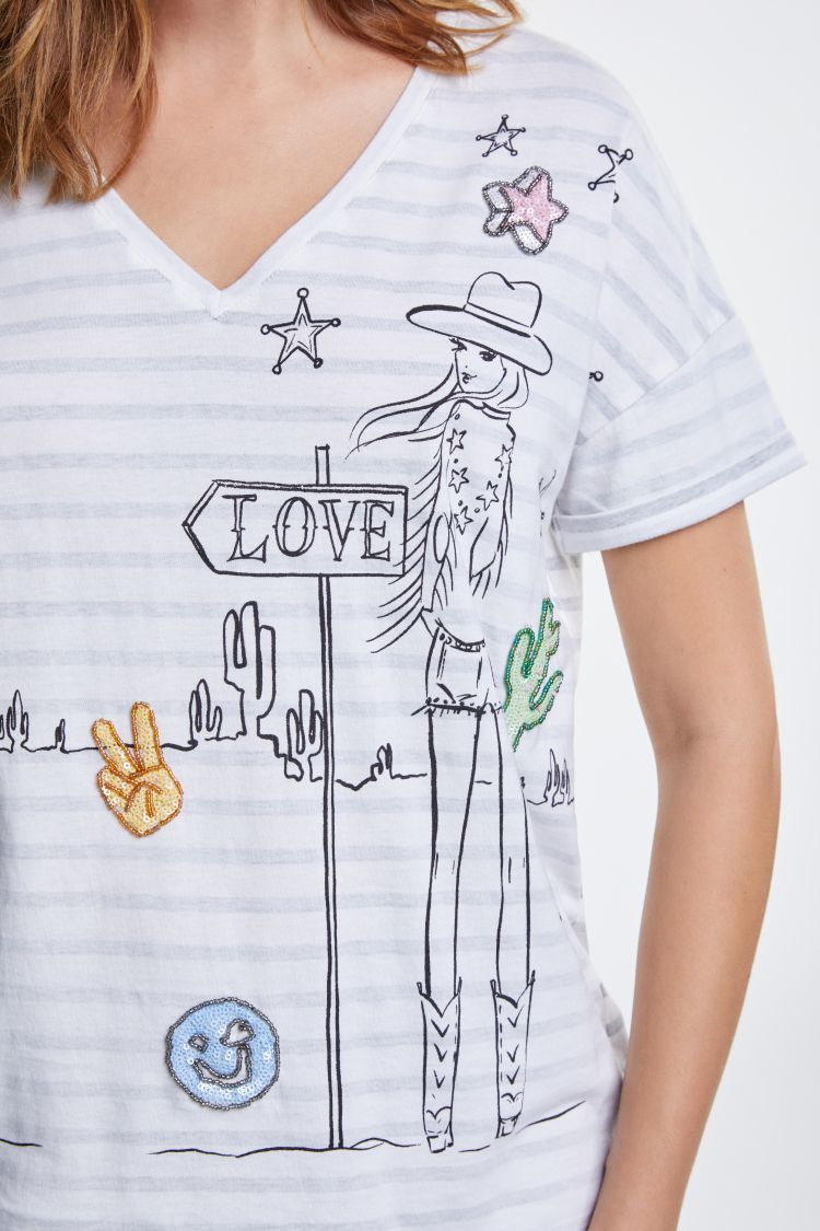 Cream and grey striped tshirt with Cowgirl Lola