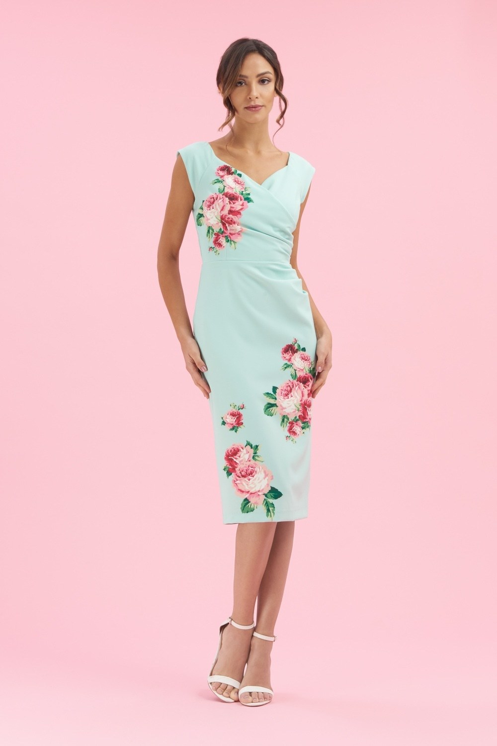 Mint Fitted Dress with Rose Print