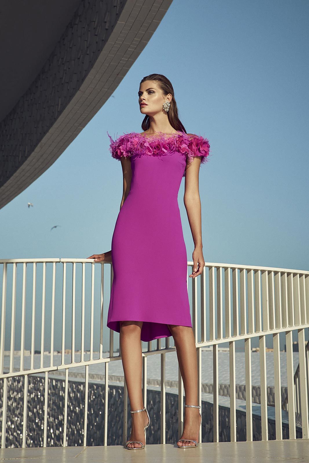 Fuschia Dress with Flower and Feather Embellishment on the Neckline CRDRFUS