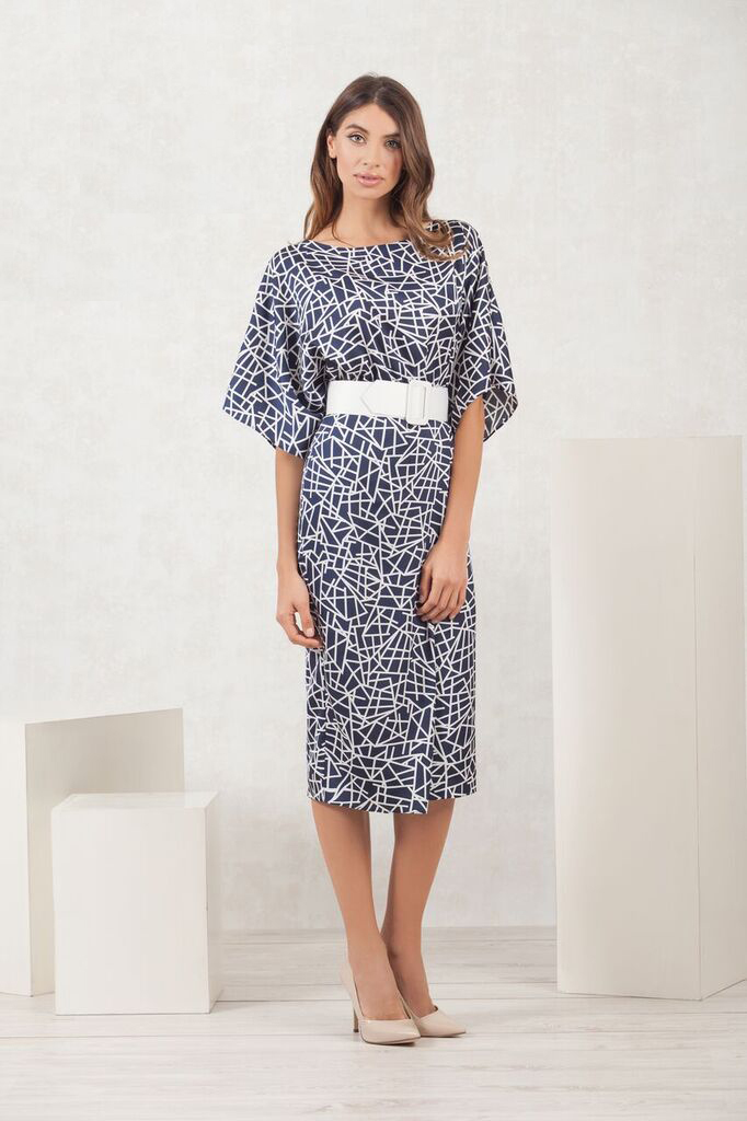 Navy and Ivory Geometric Print Dress MHDRNVYIV
