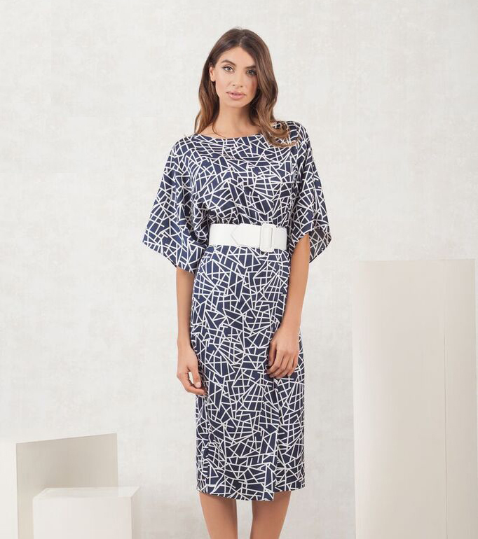 Navy and Ivory Geometric Print Dress