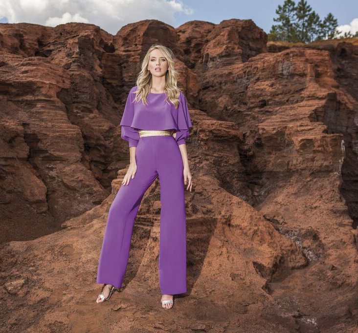 Purple Jumpsuit with Gold belt and cuff details MHJUSUPUR