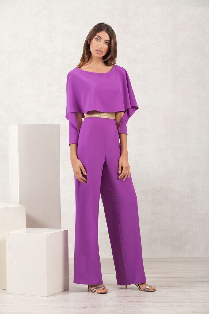 Purple Jumpsuit with Gold belt and cuff details