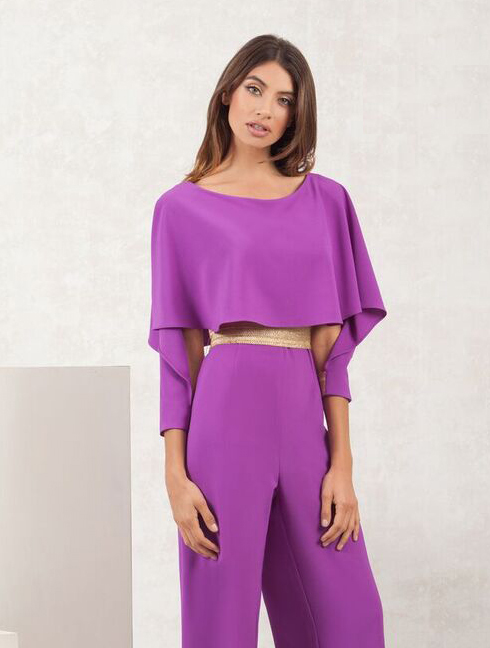 Purple Jumpsuit with Gold belt and cuff details