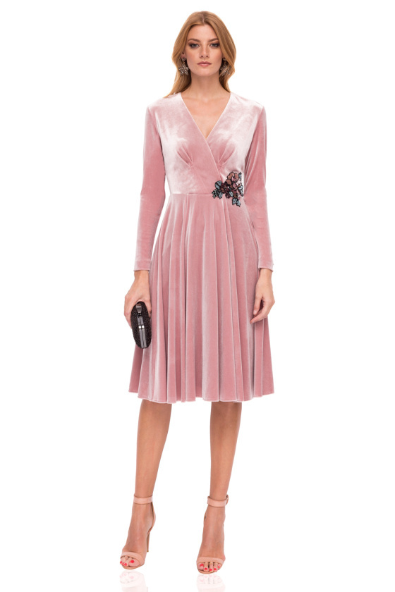 Pale Pink Velvet Dress with Long Sleeves, vneckline and embellishment on the hip NISDRPINK