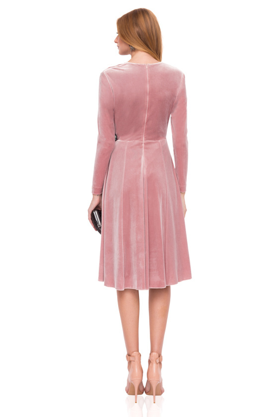 Pale Pink Velvet Dress with Long Sleeves, vneckline and embellishment on the hip