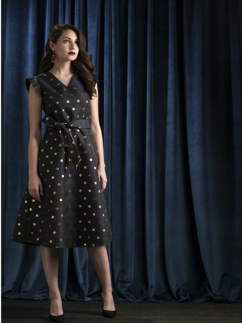 Black Dress with Vneck and Gold Polkadots EMLODRBKGLD