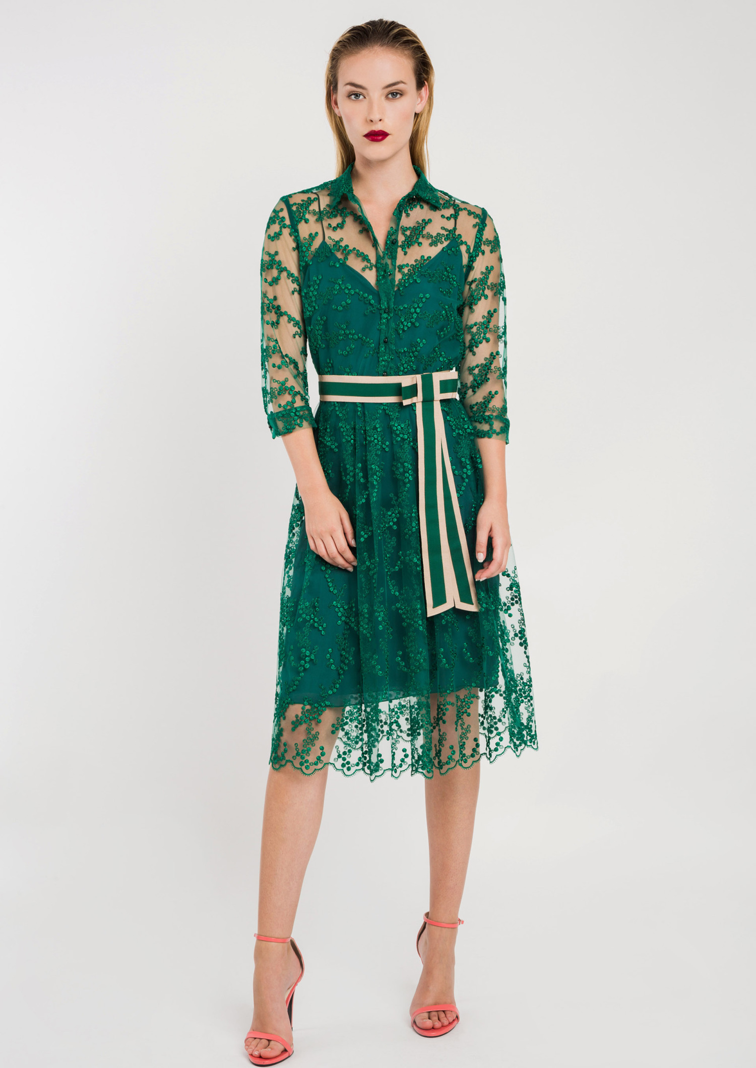 Lace Shirt Dress with Belt Green ACDR3409