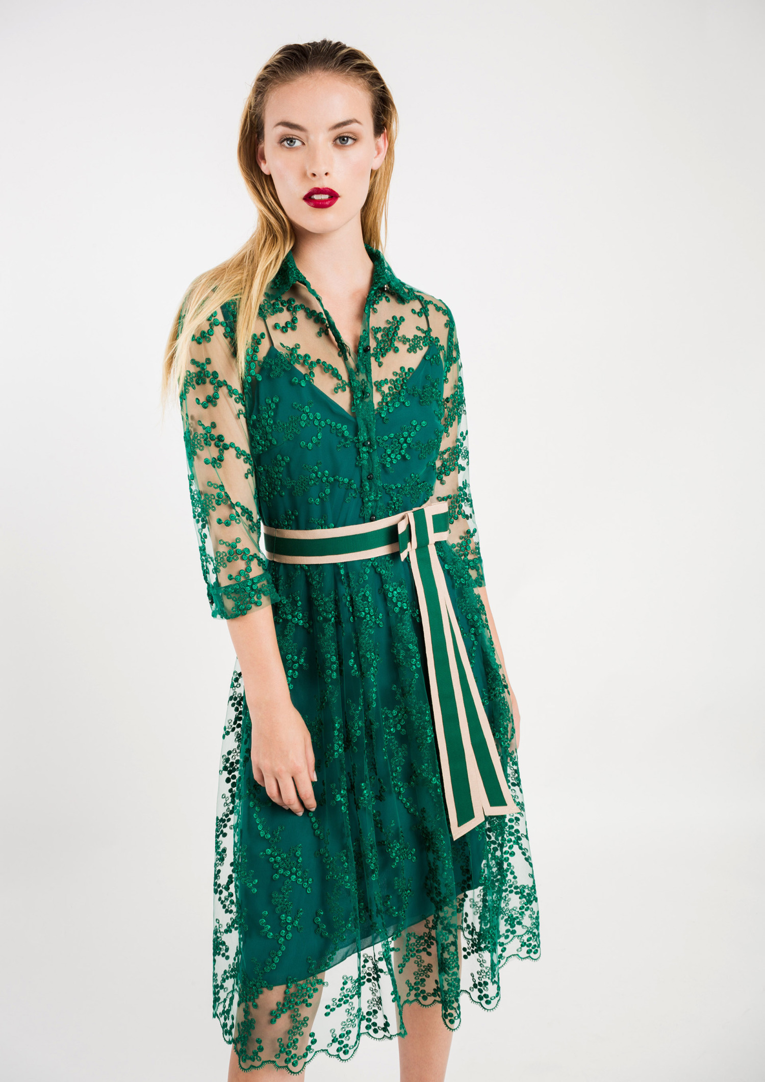 Lace Shirt Dress with Belt Green