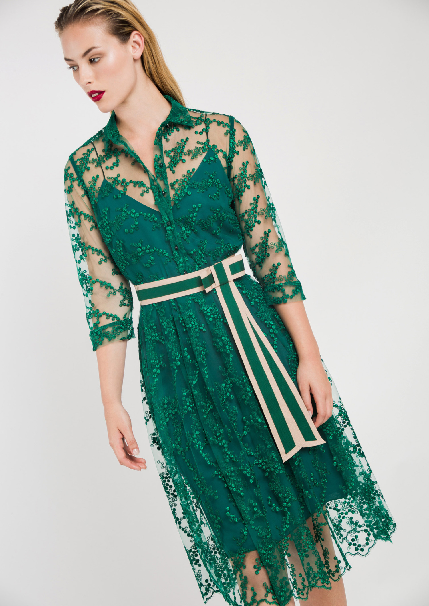 Lace Shirt Dress with Belt Green