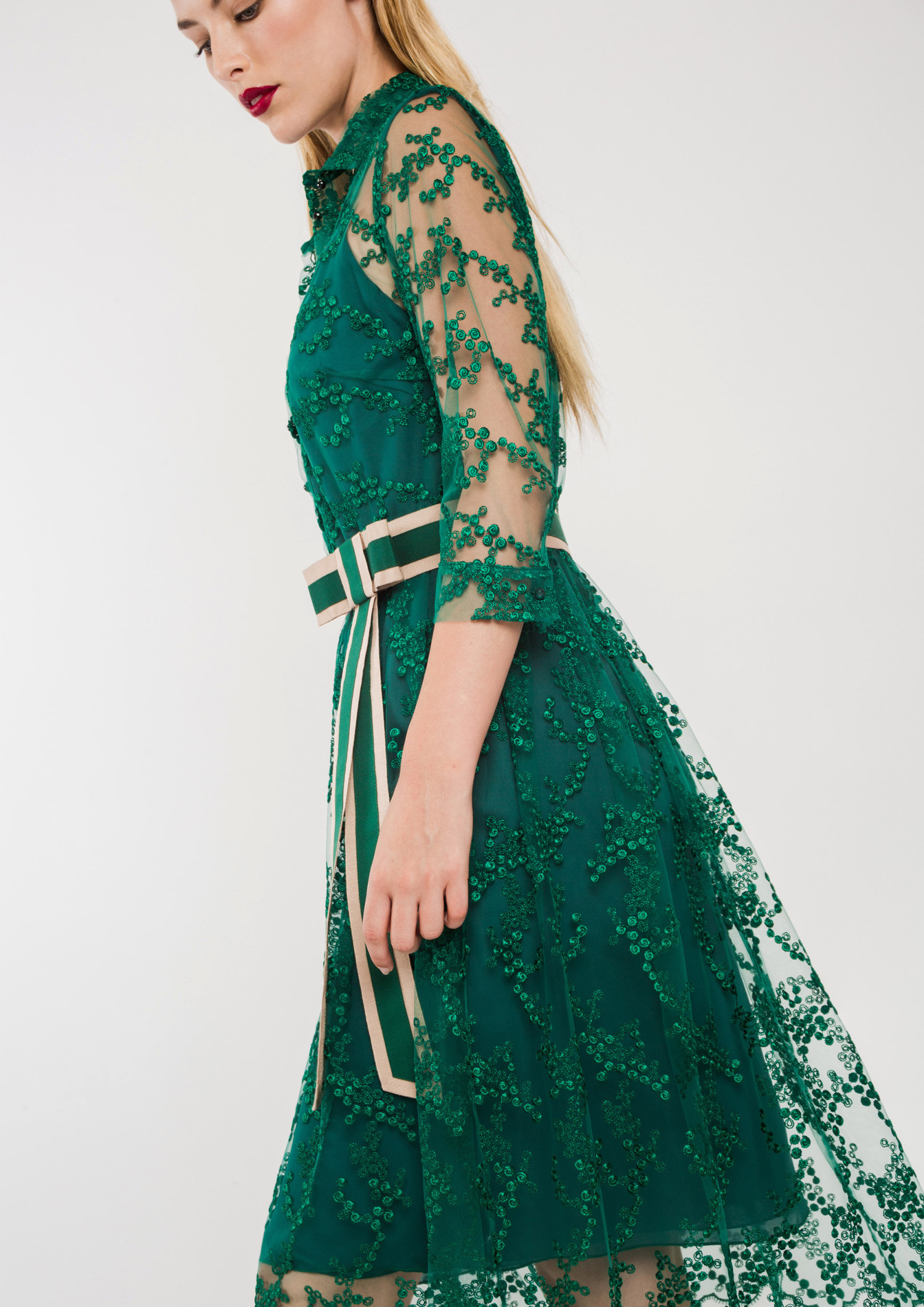 Lace Shirt Dress with Belt Green