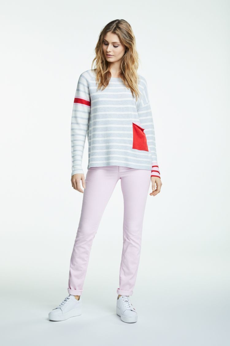 Pink and Grey Striped Sweater with Red Pocket OUI64742