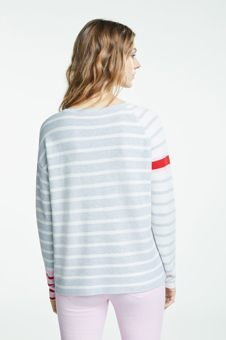 Pink and Grey Striped Sweater with Red Pocket