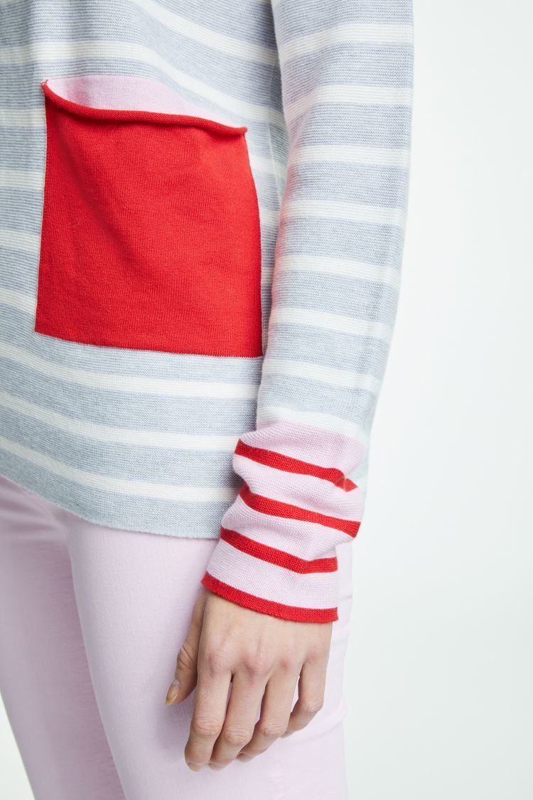 Pink and Grey Striped Sweater with Red Pocket