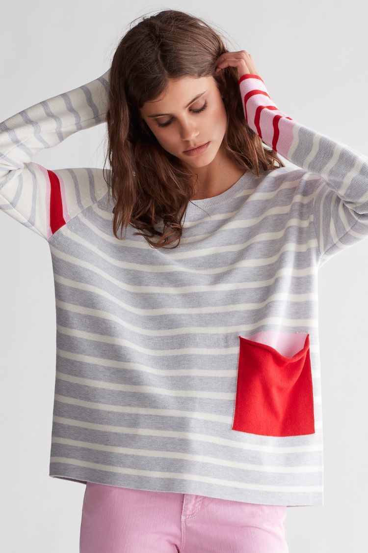 Pink and Grey Striped Sweater with Red Pocket