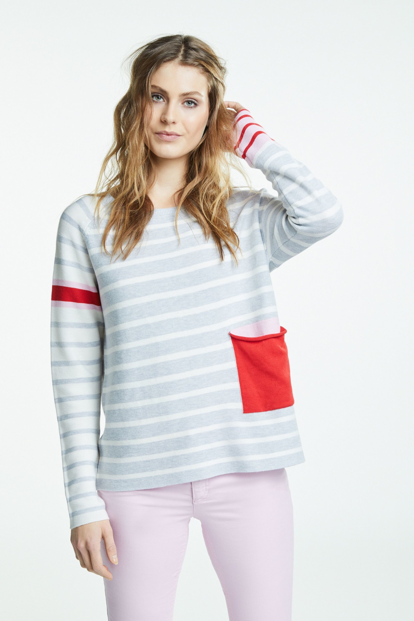 Pink and Grey Striped Sweater with Red Pocket