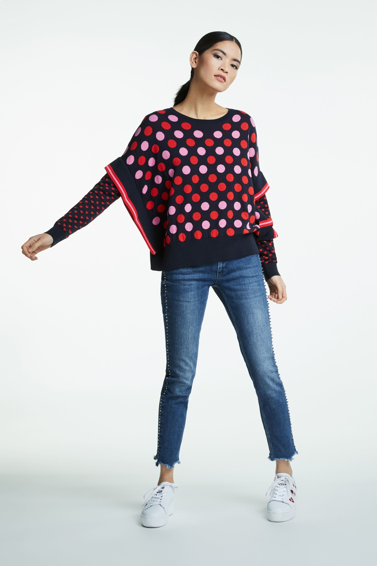 Sweater in Navy Knit with Red and Pink Polka Dots