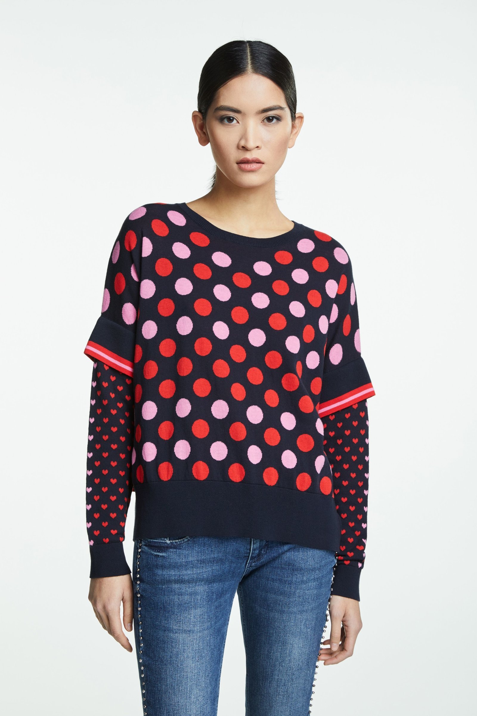 Sweater in Navy Knit with Red and Pink Polka Dots