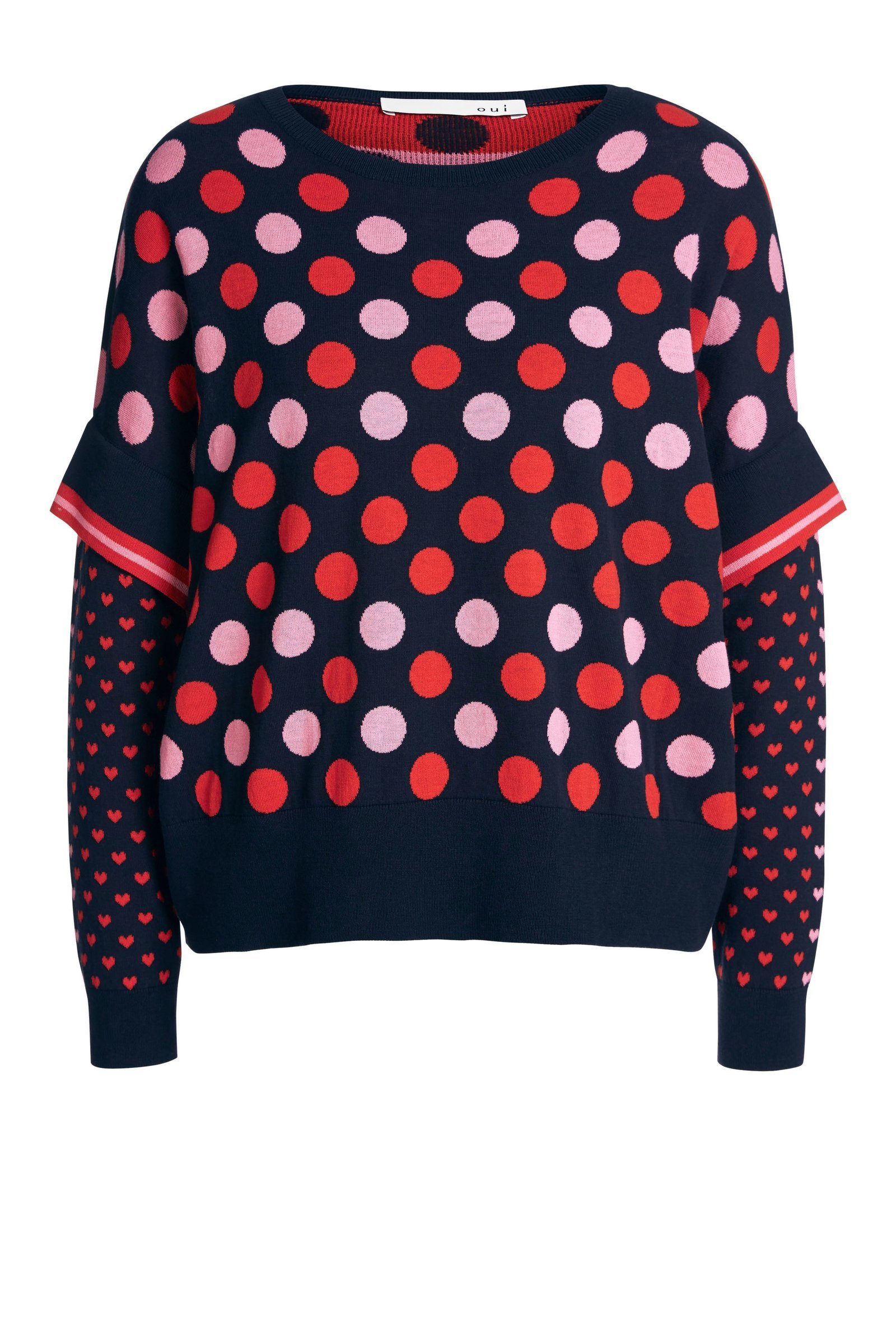 Sweater in Navy Knit with Red and Pink Polka Dots