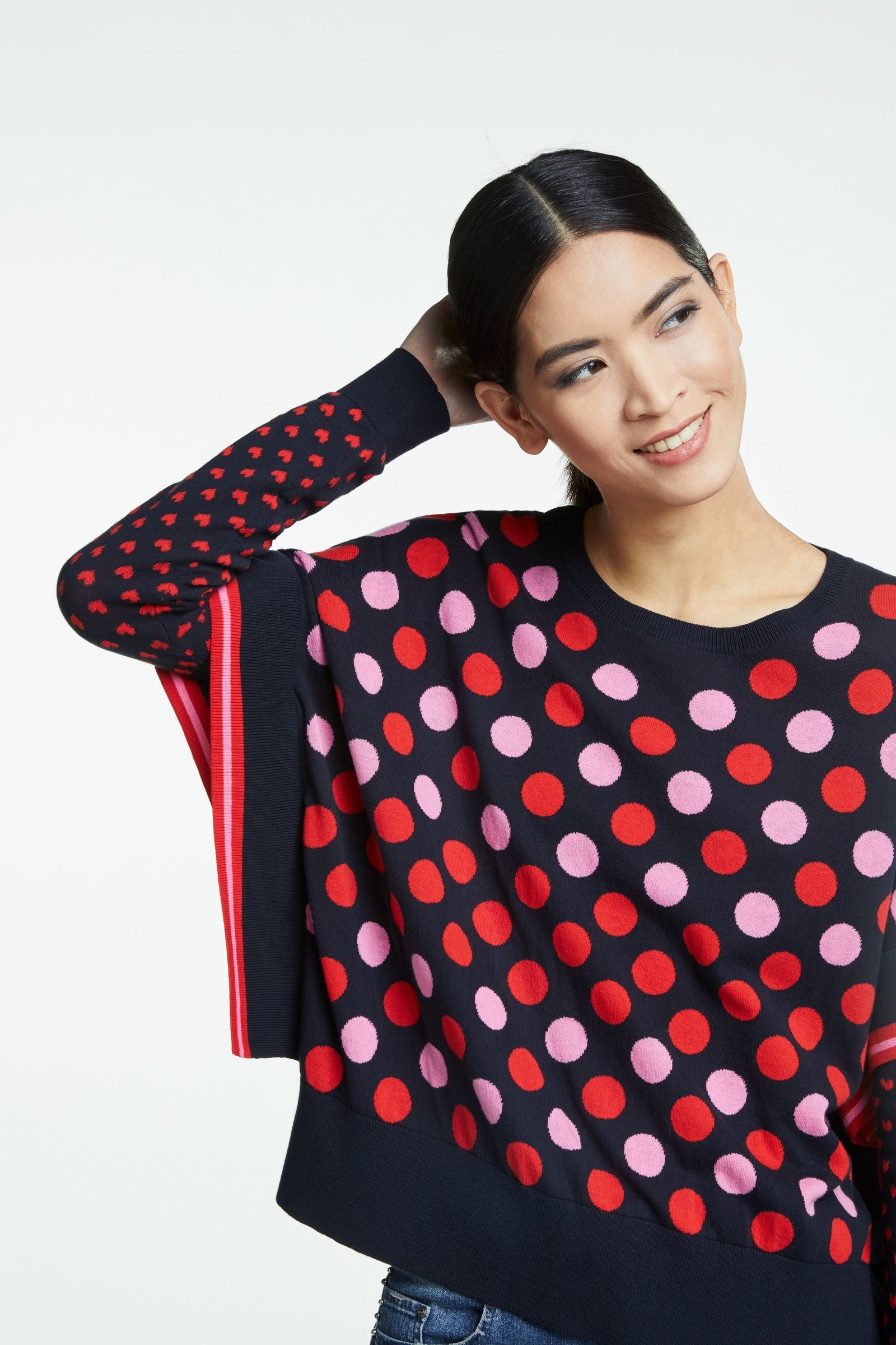 Sweater in Navy Knit with Red and Pink Polka Dots OUI64207