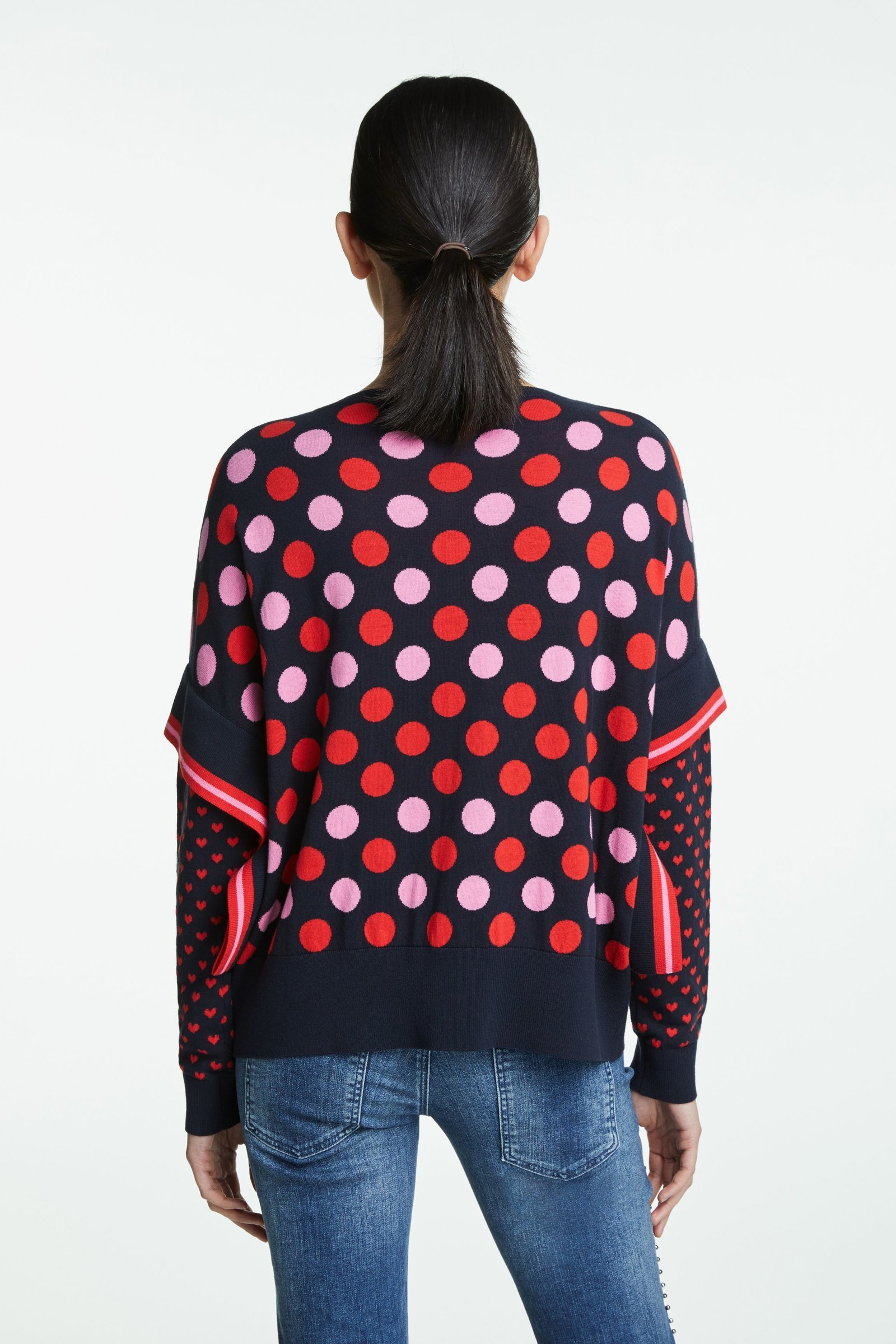 Sweater in Navy Knit with Red and Pink Polka Dots