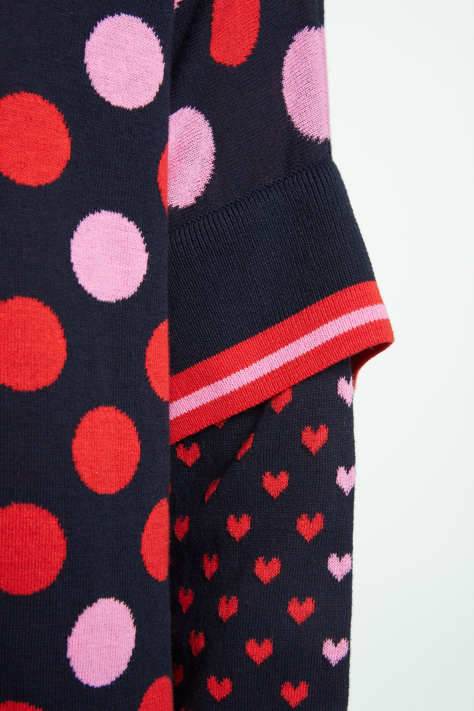 Sweater in Navy Knit with Red and Pink Polka Dots