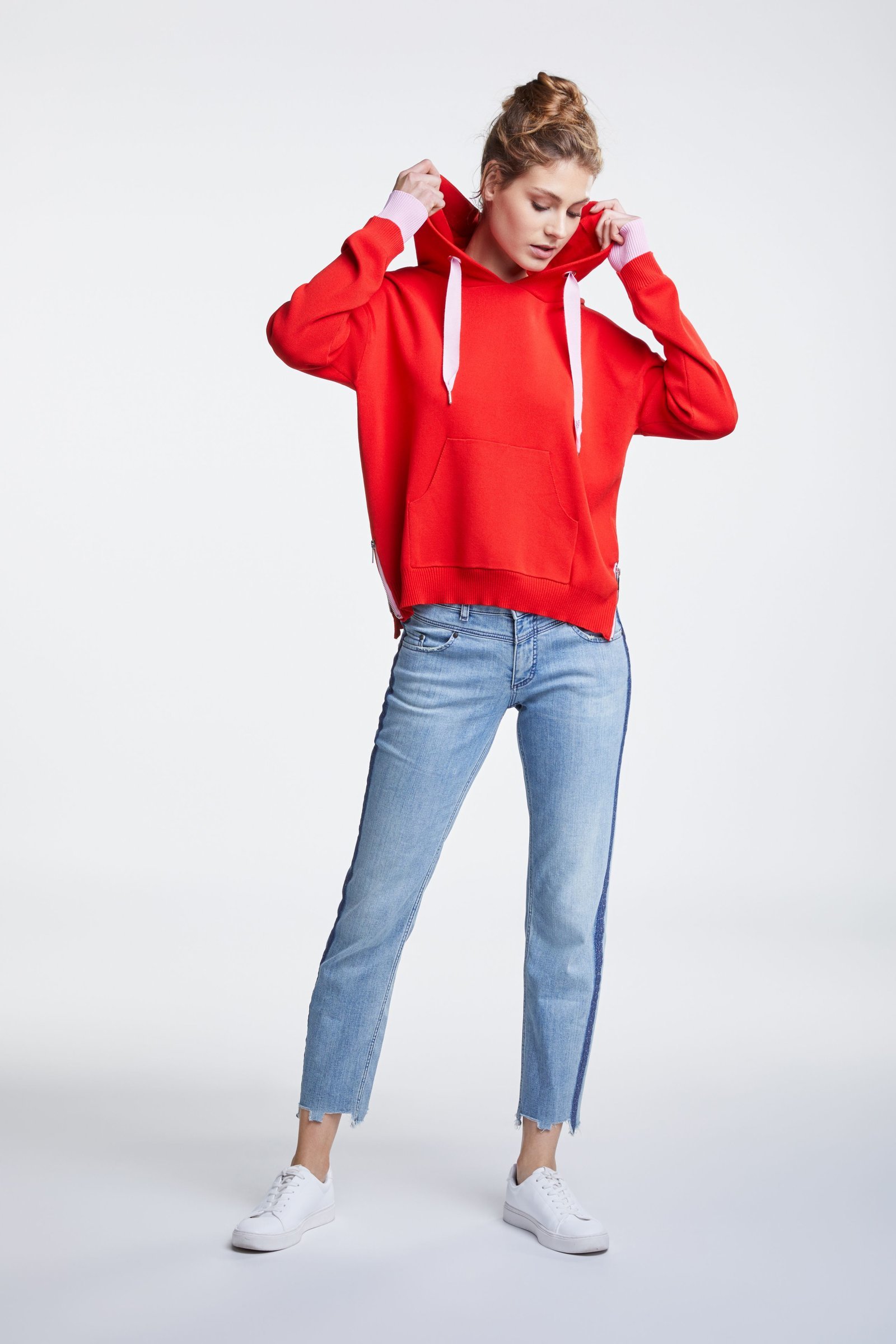 Red Knit Hooded Sweater with Pink Stripe and Ties