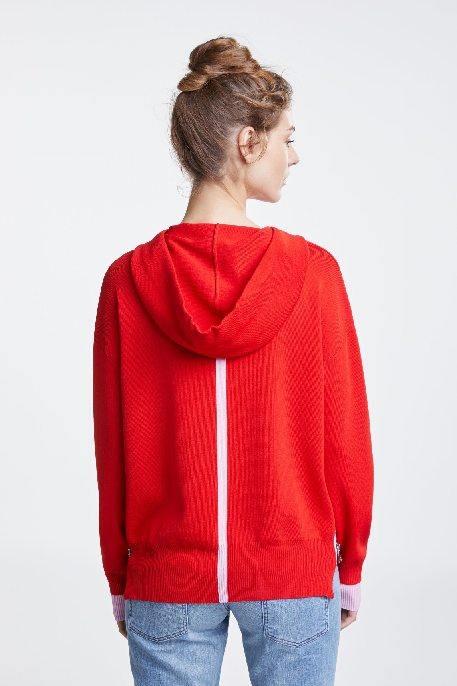 Red Knit Hooded Sweater with Pink Stripe and Ties