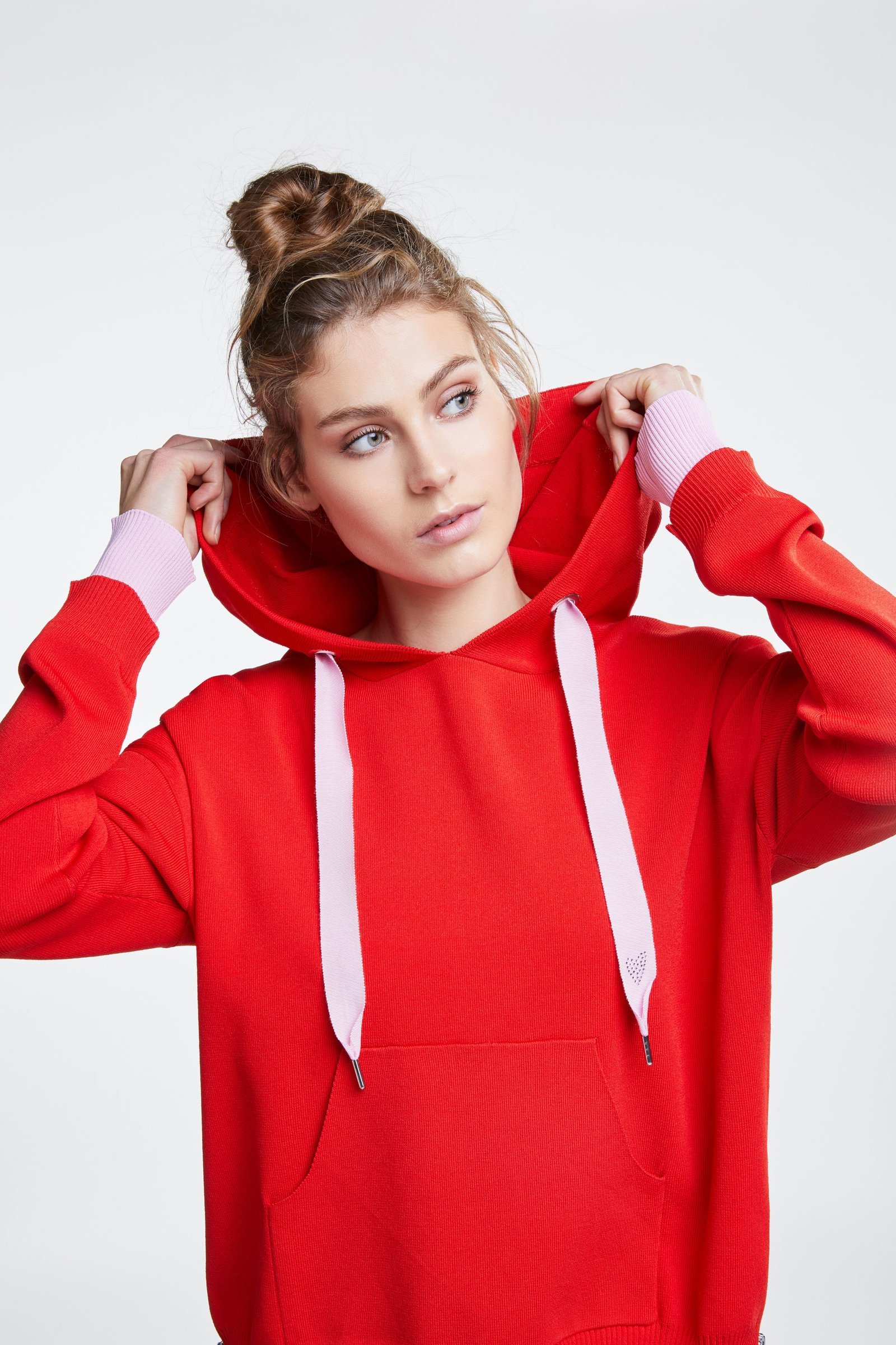 Red Knit Hooded Sweater with Pink Stripe and Ties OUI64206
